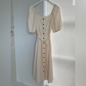 H&M Creped Cotton Dress Puff Sleeves Square Neckline Cream Size Small